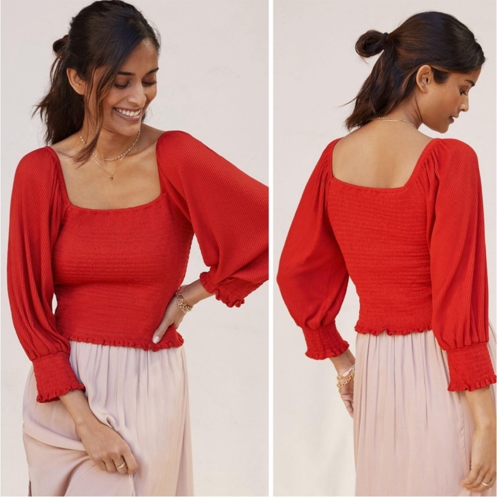 Anthropologie Red Smocked Lettuce Trim Top